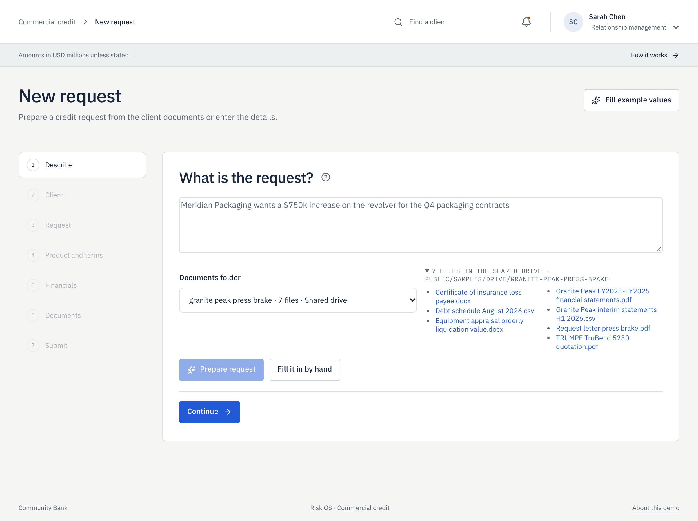 New credit request assembled from a folder of client documents