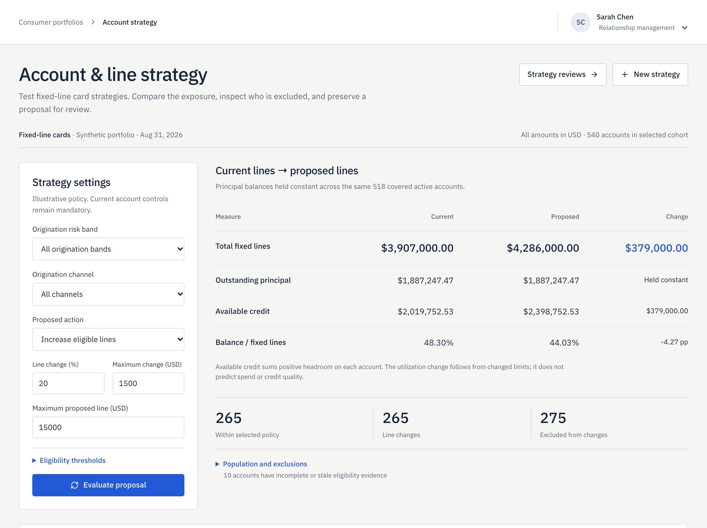 Account and line strategy comparing current and proposed credit lines